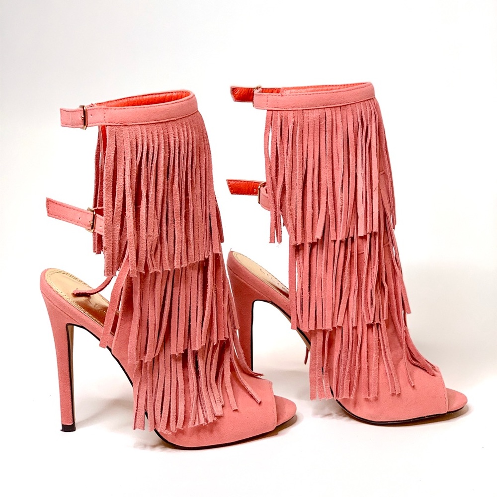 Sexy Pink Suede Fringe Liliana Patina Heels